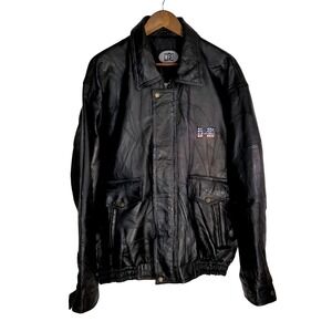 WFS Mens Black Genuine Leather Patchwork Bomber Jacket B-15 American Flag Patch